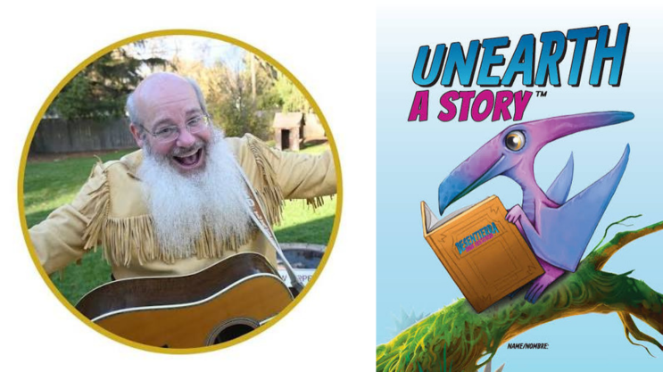joyful David Landau with a long white beard smiles while holding an acoustic guitar, alongside a colorful book cover titled "UNEARTH A STORY," featuring a cartoon flying dinosaur.