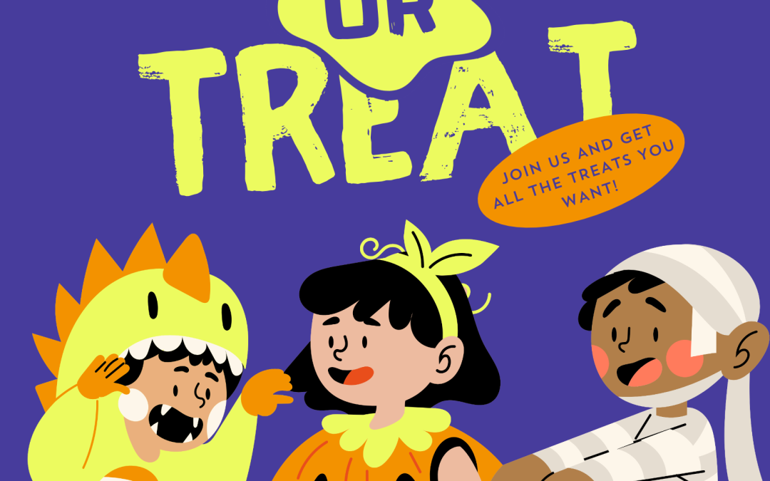 Trick or treat at the library. October 31st from 5:30-7:00. Cartoon image of three children wearing costumes on a purple background.
